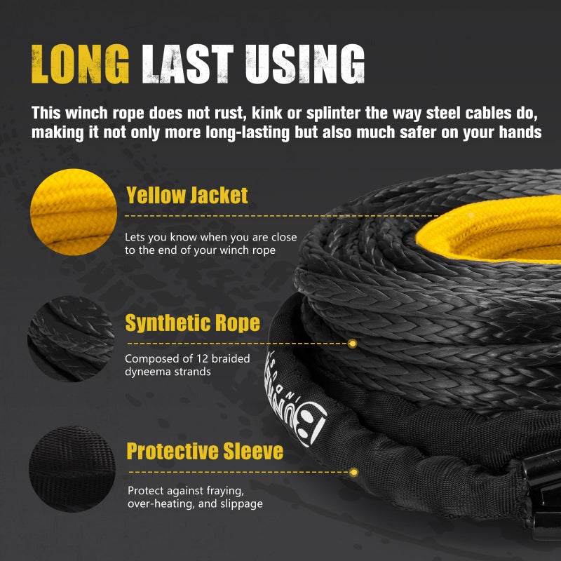 BUNKER INDUST Synthetic Winch Rope 3/8" x 85', 25000 Ibs Winch Cable Replacement with Protective Sleeve for Recovery Off Road ATV UTV SUV Truck,1 Pcs Black Winch Line - Image 2